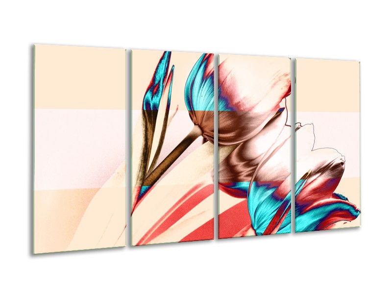 Glas schilderij Tulp | Blauw, Rood, Crème | 160x80cm 4Luik