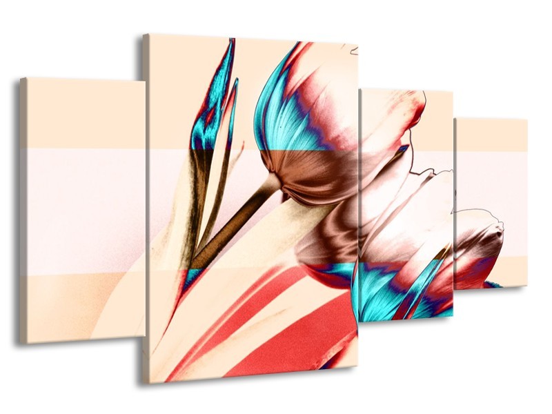 Canvas schilderij Tulp | Blauw, Rood, Crème | 160x90cm 4Luik