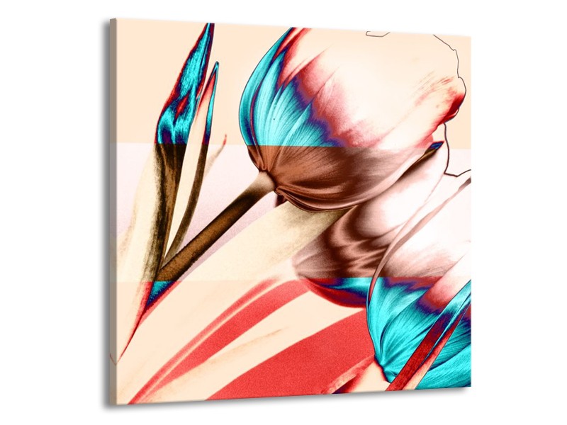 Canvas schilderij Tulp | Blauw, Rood, Crème | 50x50cm 1Luik
