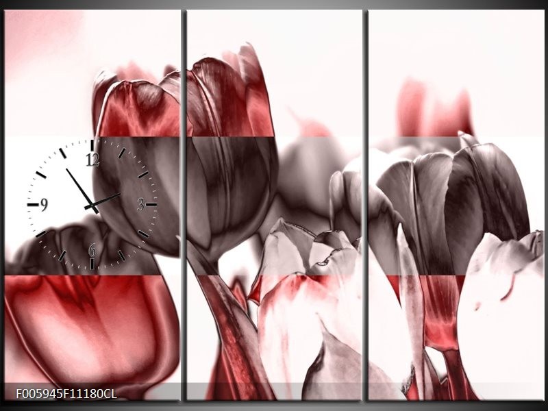 Klok schilderij Tulp | Rood, Wit, Bruin | 111x80cm 3Luik