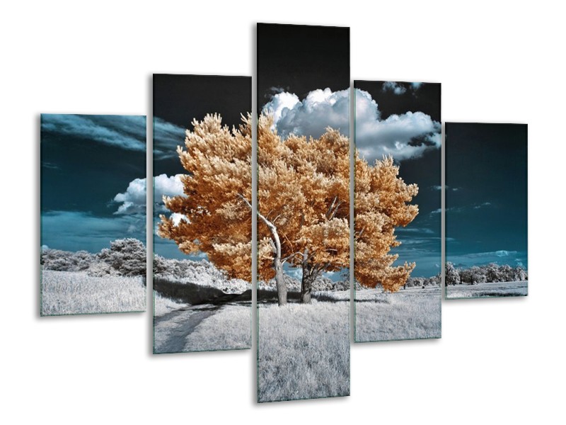 Canvas schilderij Boom | Goud, Grijs, Blauw | 100x70cm 5Luik