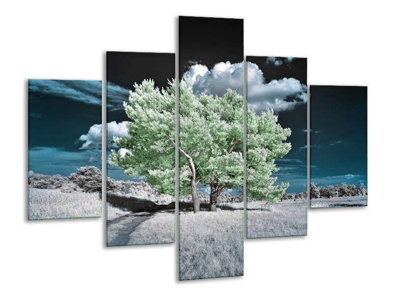 Canvas schilderij Boom | Groen, Blauw, Grijs | 100x70cm 5Luik