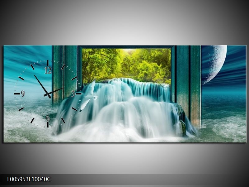 Klok schilderij Waterval | Blauw, Groen, Wit | 100x40cm 1Luik