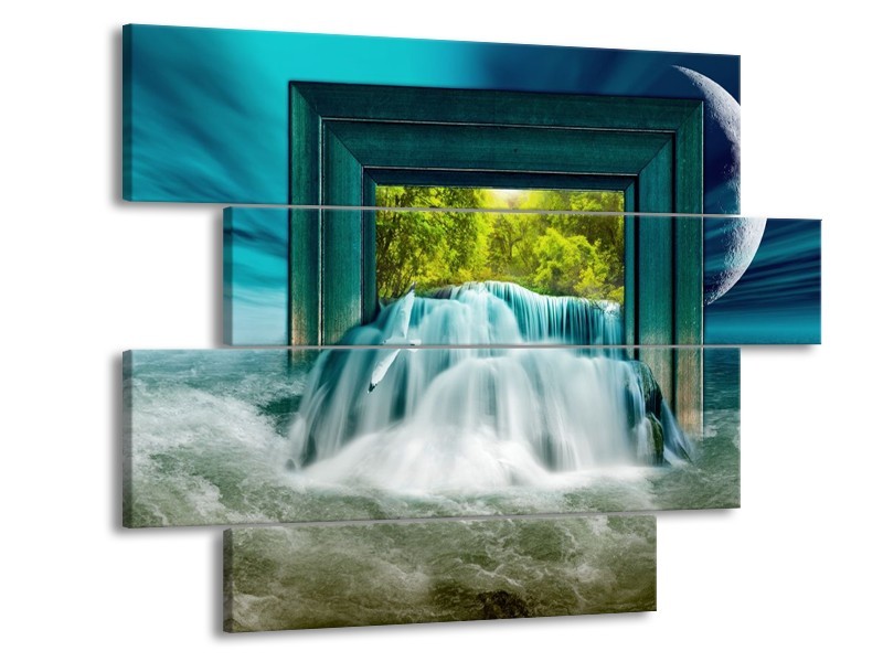 Canvas schilderij Waterval | Blauw, Groen, Wit | 115x85cm 4Luik