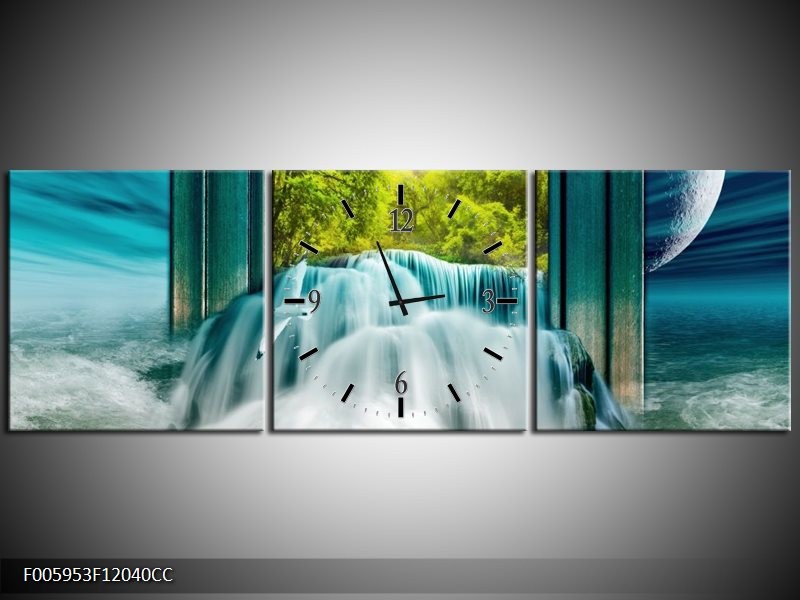 Klok schilderij Waterval | Blauw, Groen, Wit | 120x40cm 3Luik