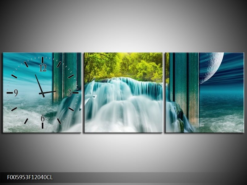 Klok schilderij Waterval | Blauw, Groen, Wit | 120x40cm 3Luik
