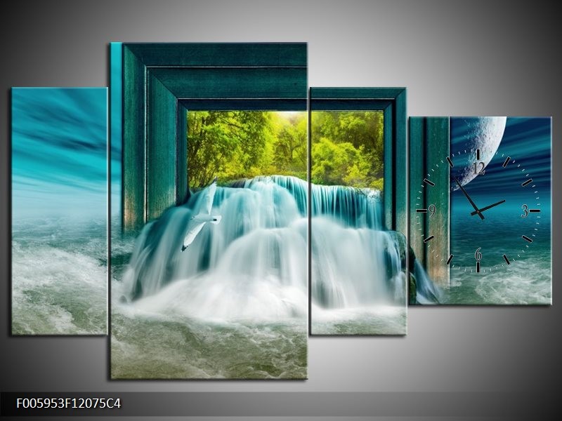 Klok schilderij Waterval | Blauw, Groen, Wit | 120x75cm 4Luik