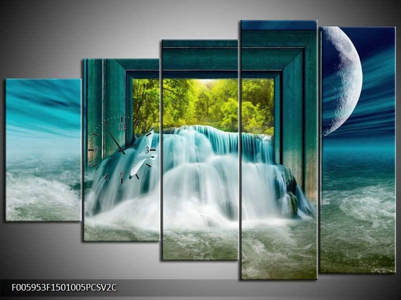 Klok schilderij Waterval | Blauw, Groen, Wit | 150x100cm 5Luik