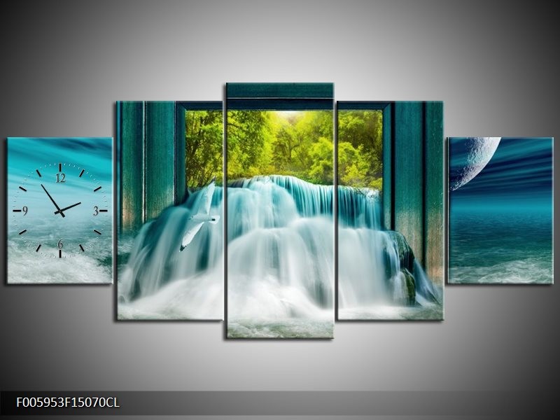 Klok schilderij Waterval | Blauw, Groen, Wit | 150x70cm 5Luik