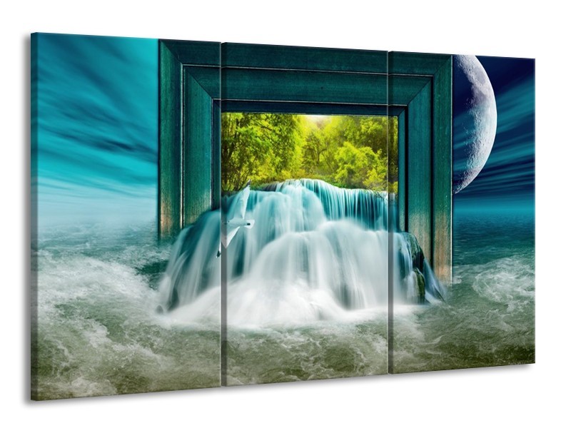 Canvas schilderij Waterval | Blauw, Groen, Wit | 165x100cm 3Luik