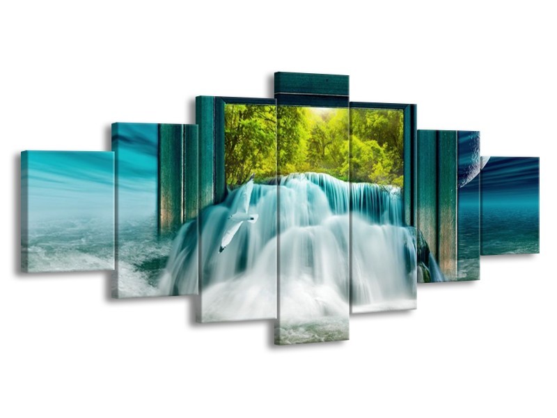 Canvas schilderij Waterval | Blauw, Groen, Wit | 210x100cm 7Luik