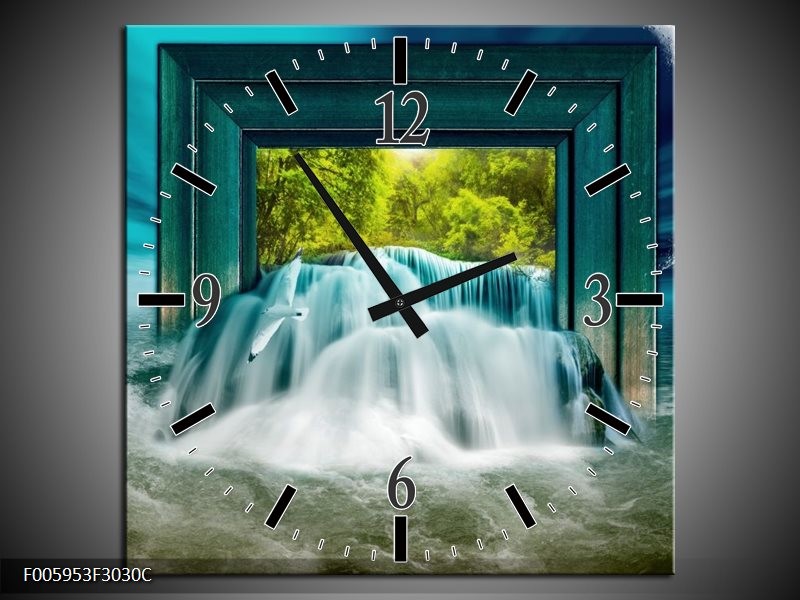 Klok schilderij Waterval | Blauw, Groen, Wit | 30x30cm 1Luik