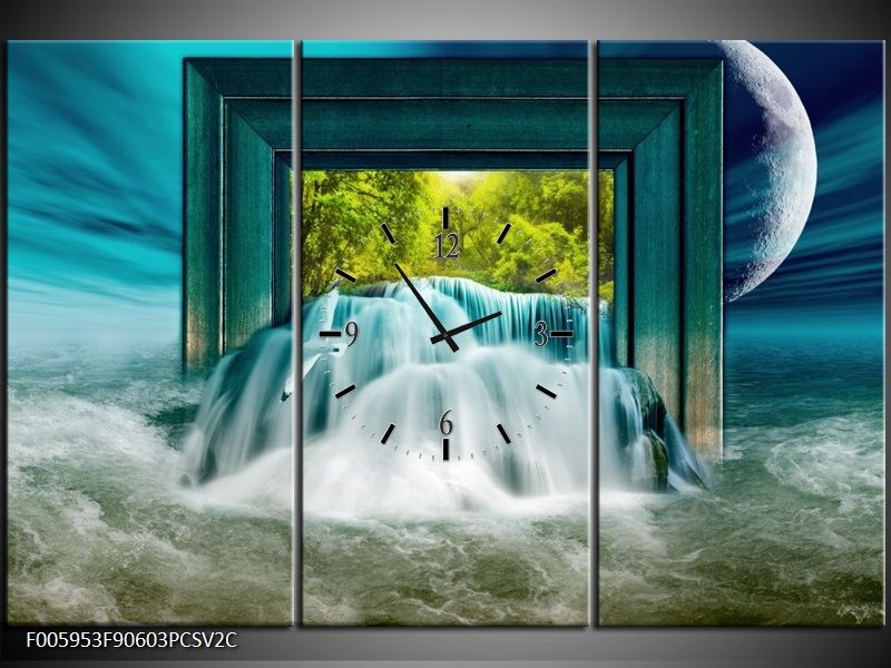 Klok schilderij Waterval | Blauw, Groen, Wit | 90x60cm 3Luik