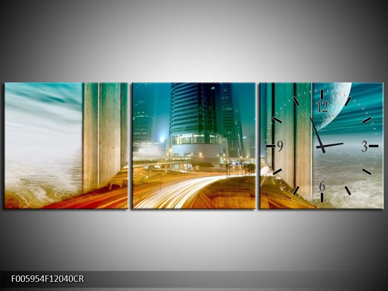 Klok schilderij Gebouw | Rood, Blauw, Groen | 120x40cm 3Luik