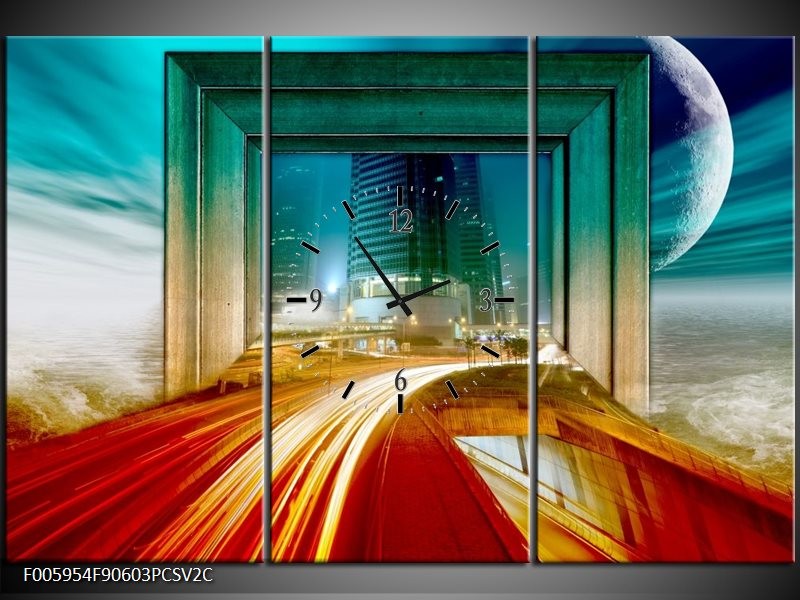 Klok schilderij Gebouw | Rood, Blauw, Groen | 90x60cm 3Luik