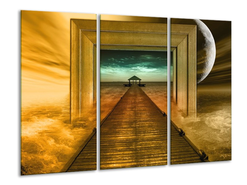 Canvas schilderij Brug | Goud, Blauw, Grijs | 120x80cm 3Luik