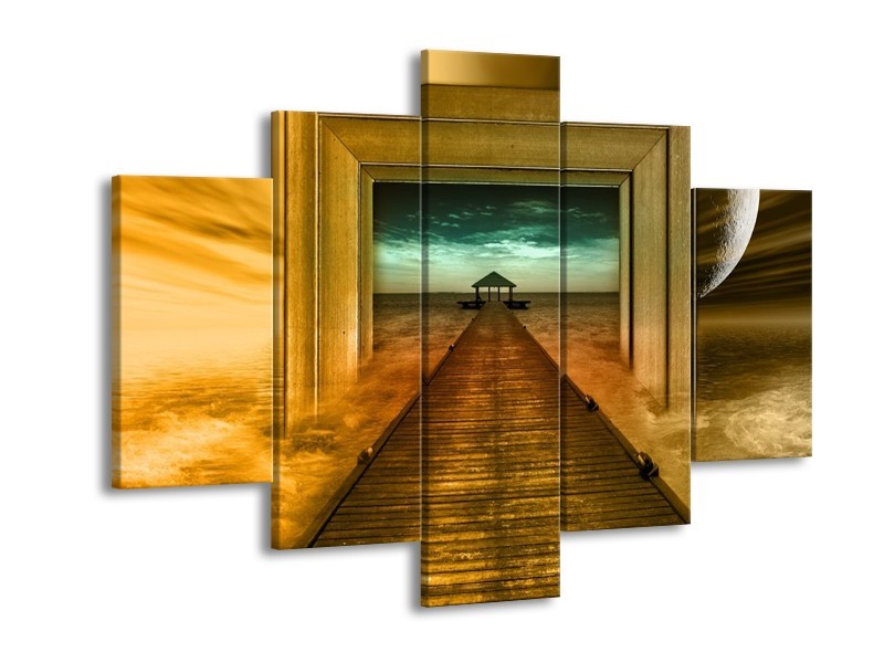 Canvas schilderij Brug | Goud, Blauw, Grijs | 150x105cm 5Luik