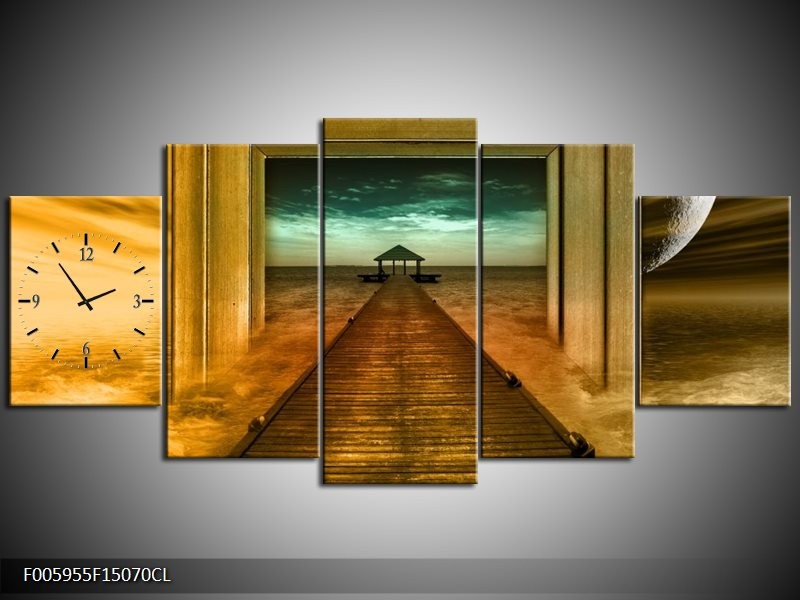 Klok schilderij Brug | Goud, Blauw, Grijs | 150x70cm 5Luik