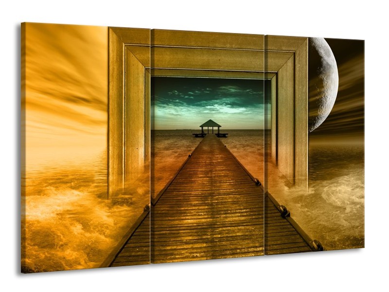 Canvas schilderij Brug | Goud, Blauw, Grijs | 165x100cm 3Luik
