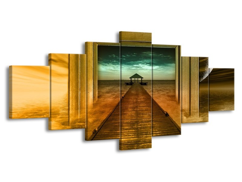 Canvas schilderij Brug | Goud, Blauw, Grijs | 210x100cm 7Luik
