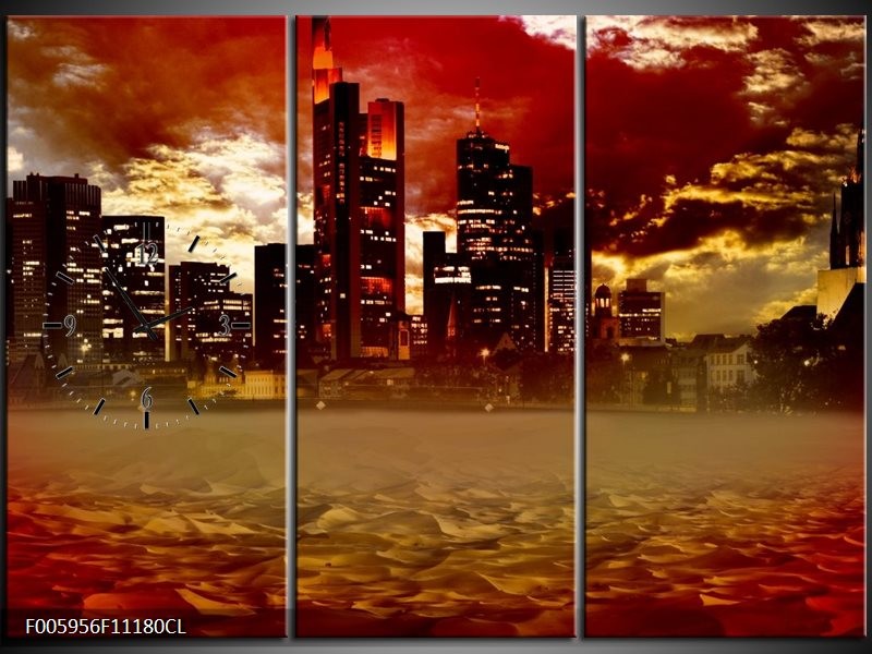 Klok schilderij Stad | Rood, Geel, Grijs | 111x80cm 3Luik