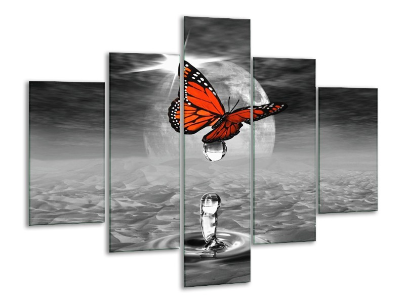Canvas schilderij Vlinder | Rood, Grijs, Wit | 100x70cm 5Luik