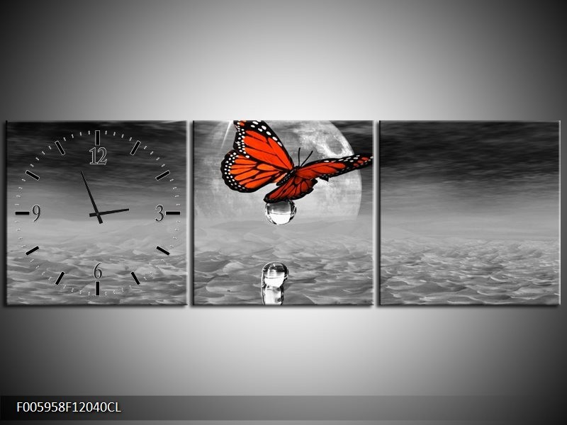 Klok schilderij Vlinder | Rood, Grijs, Wit | 120x40cm 3Luik
