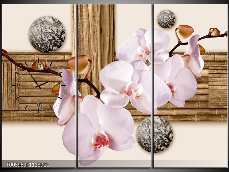 Klok schilderij Orchidee | Roze, Grijs, Bruin | 111x80cm 3Luik