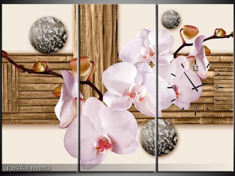 Klok schilderij Orchidee | Roze, Grijs, Bruin | 111x80cm 3Luik