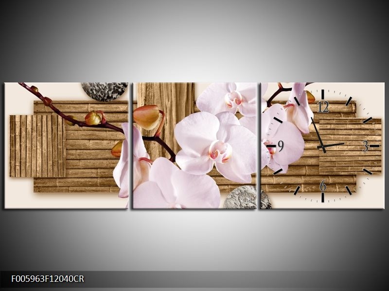 Klok schilderij Orchidee | Roze, Grijs, Bruin | 120x40cm 3Luik