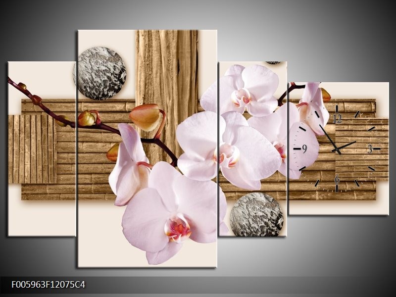 Klok schilderij Orchidee | Roze, Grijs, Bruin | 120x75cm 4Luik