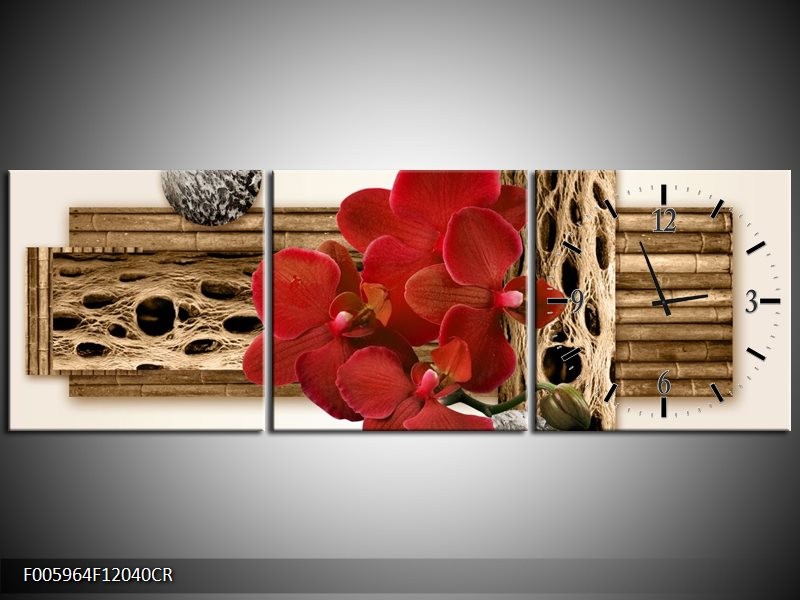 Klok schilderij Orchidee | Rood, Bruin, Wit | 120x40cm 3Luik