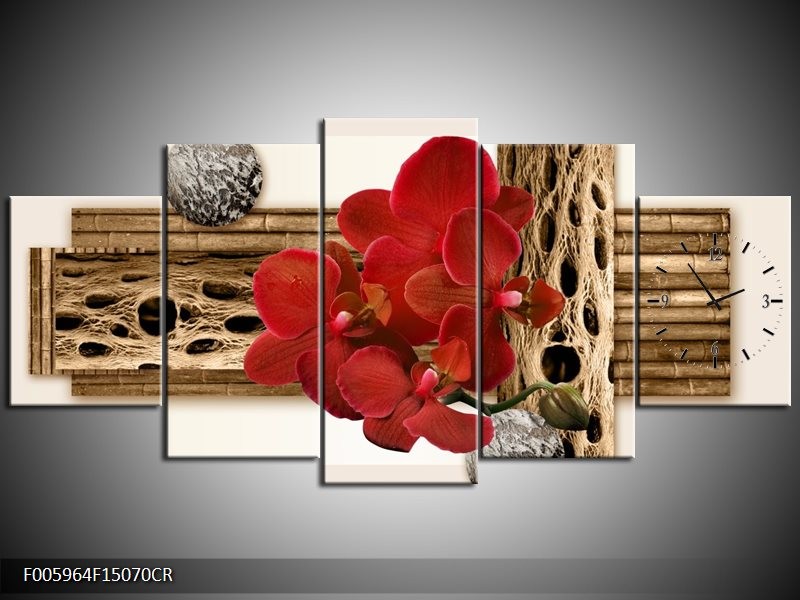 Klok schilderij Orchidee | Rood, Bruin, Wit | 150x70cm 5Luik