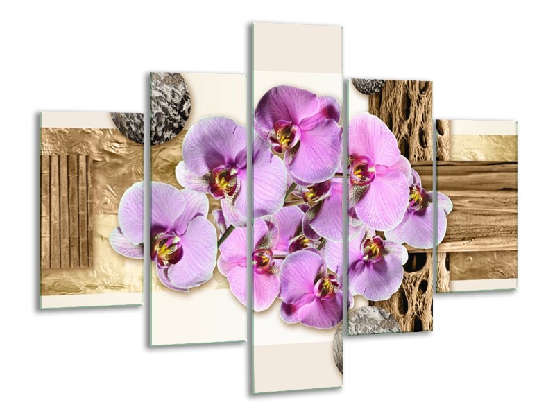 Glas schilderij Orchidee | Roze, Wit, Bruin | 100x70cm 5Luik