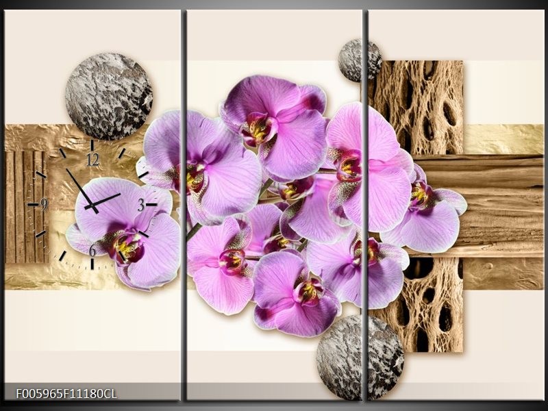 Klok schilderij Orchidee | Roze, Wit, Bruin | 111x80cm 3Luik