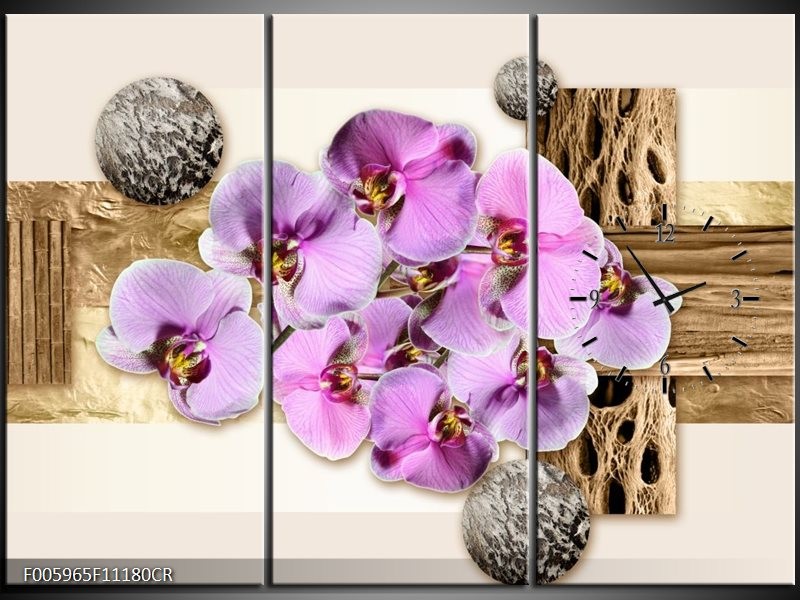Klok schilderij Orchidee | Roze, Wit, Bruin | 111x80cm 3Luik