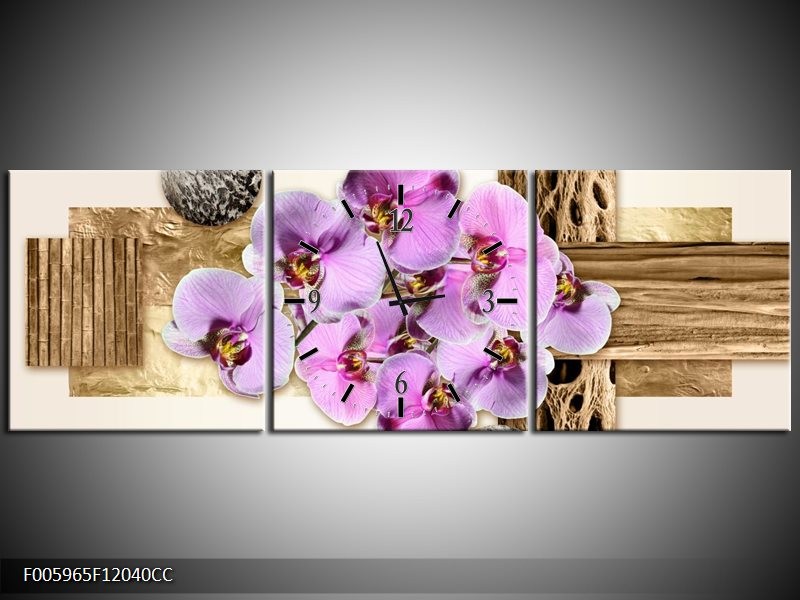 Klok schilderij Orchidee | Roze, Wit, Bruin | 120x40cm 3Luik