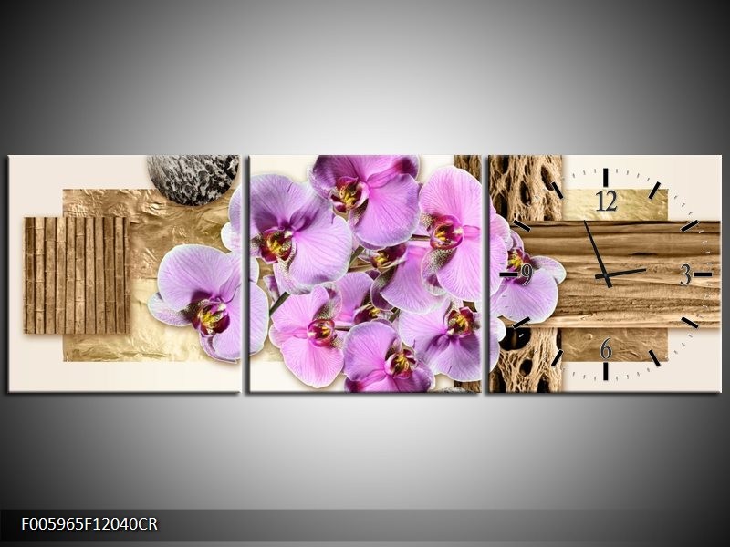 Klok schilderij Orchidee | Roze, Wit, Bruin | 120x40cm 3Luik