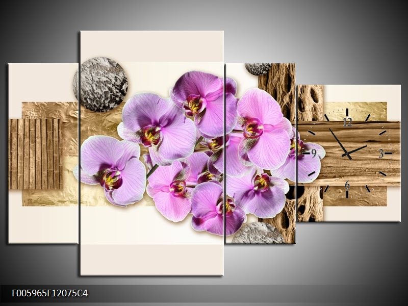 Klok schilderij Orchidee | Roze, Wit, Bruin | 120x75cm 4Luik