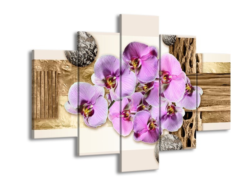 Canvas schilderij Orchidee | Roze, Wit, Bruin | 150x105cm 5Luik