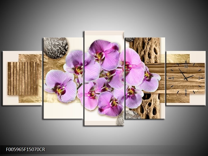 Klok schilderij Orchidee | Roze, Wit, Bruin | 150x70cm 5Luik