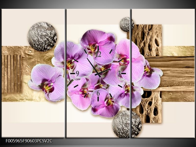 Klok schilderij Orchidee | Roze, Wit, Bruin | 90x60cm 3Luik