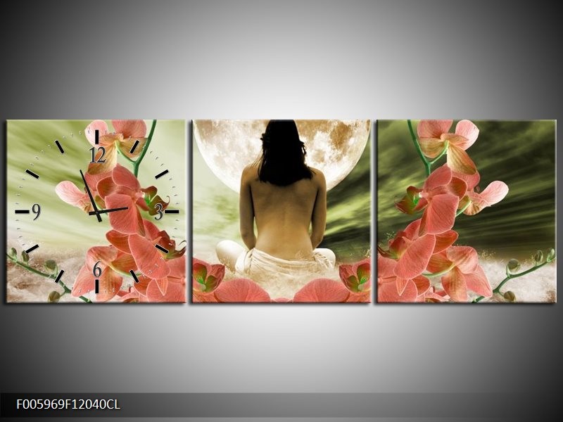 Klok schilderij Orchidee | Roze, Groen, Wit | 120x40cm 3Luik