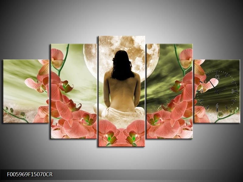 Klok schilderij Orchidee | Roze, Groen, Wit | 150x70cm 5Luik