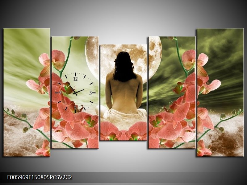Klok schilderij Orchidee | Roze, Groen, Wit | 150x80cm 5Luik