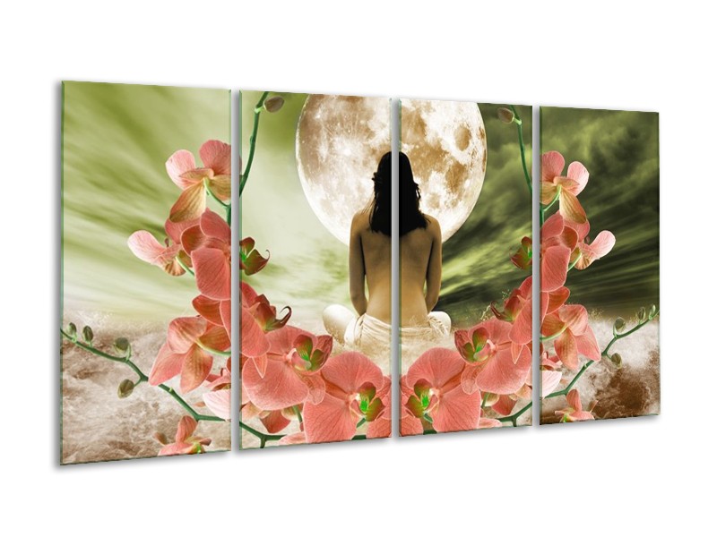 Canvas schilderij Orchidee | Roze, Groen, Wit | 160x80cm 4Luik
