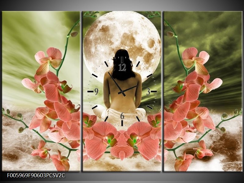 Klok schilderij Orchidee | Roze, Groen, Wit | 90x60cm 3Luik