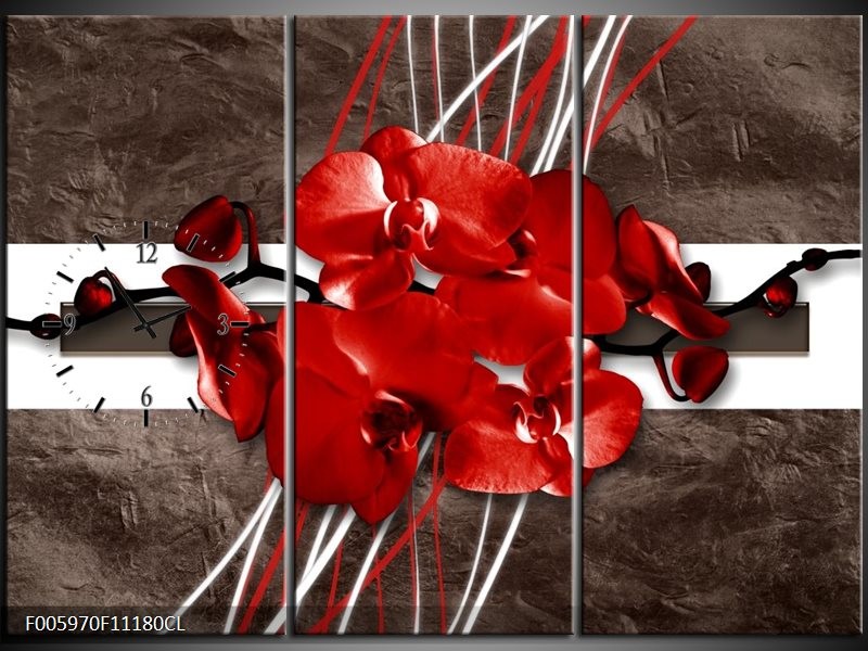 Klok schilderij Orchidee | Rood, Bruin, Wit | 111x80cm 3Luik
