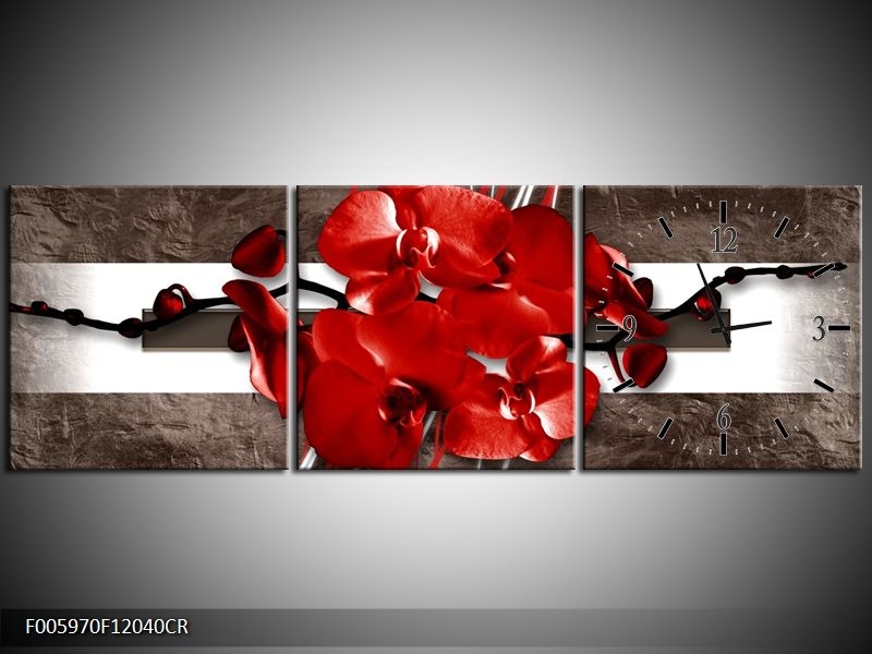 Klok schilderij Orchidee | Rood, Bruin, Wit | 120x40cm 3Luik