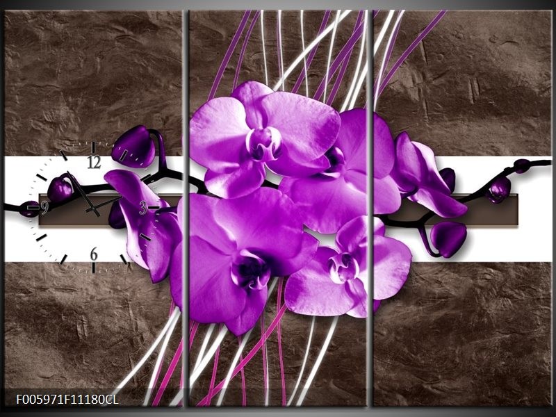 Klok schilderij Orchidee | Paars, Grijs, Wit | 111x80cm 3Luik